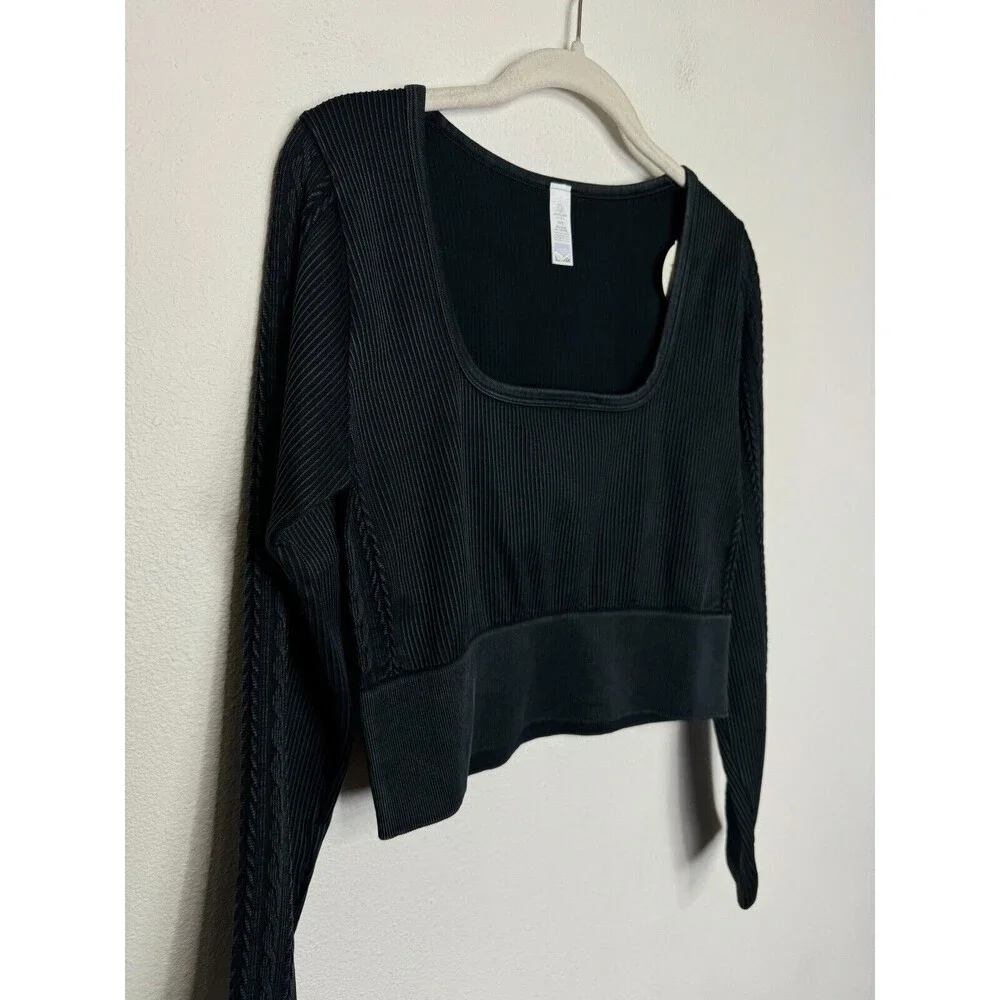 OFFLINE Aerie Seamless Cable Cropped Top XL Black Acid Wash Ribbed Square Neck
